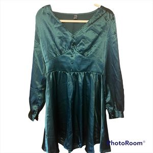 SHEIN Satin Dark Green Button Down Dress Balloon Long Sleeves Size Meduim